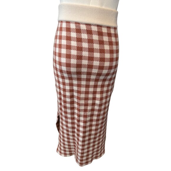 2/$30 Madewell XS Midi Skirt Red Brown & White Gingham Check Elastic Waist Knit - Picture 7 of 14